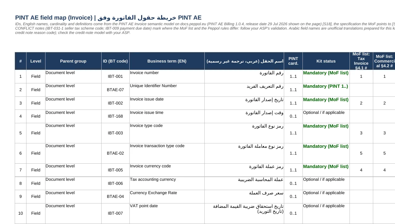 PINT AE field map tab listing invoice business terms with English and Arabic names and mandatory flags