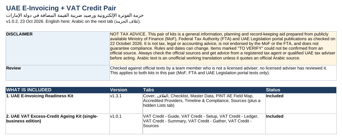 Pair Cover tab listing the two kits included, their versions and tabs, with the not-tax-advice disclaimer