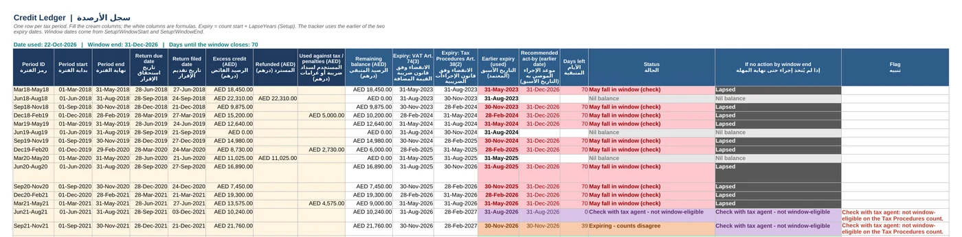 Credit Ledger tab with one row per tax period, expiry dates under both laws and a status per row