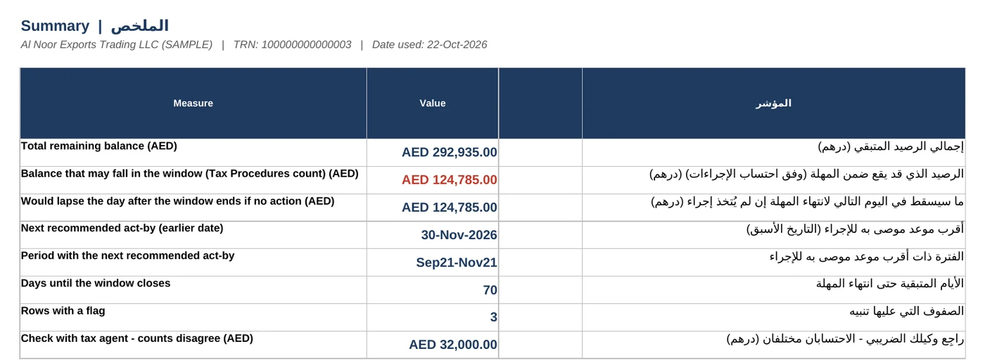 Summary tab of the VAT credit kit sample workbook, showing remaining balance, balance that may fall in the window and the next recommended act-by date